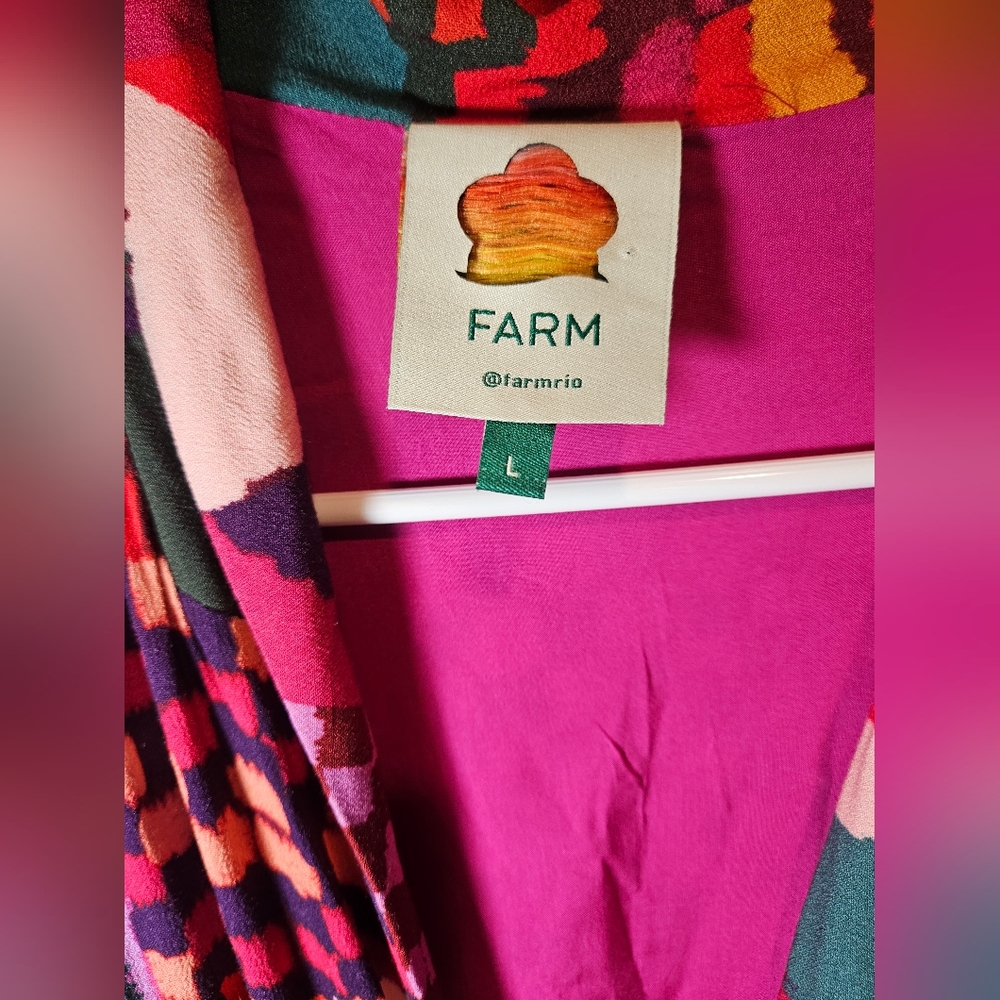 Farm Rio Red Abstract Patchwork Maxi Dress Long Sleeve Wrap Style Size Large - Picture 15 of 15